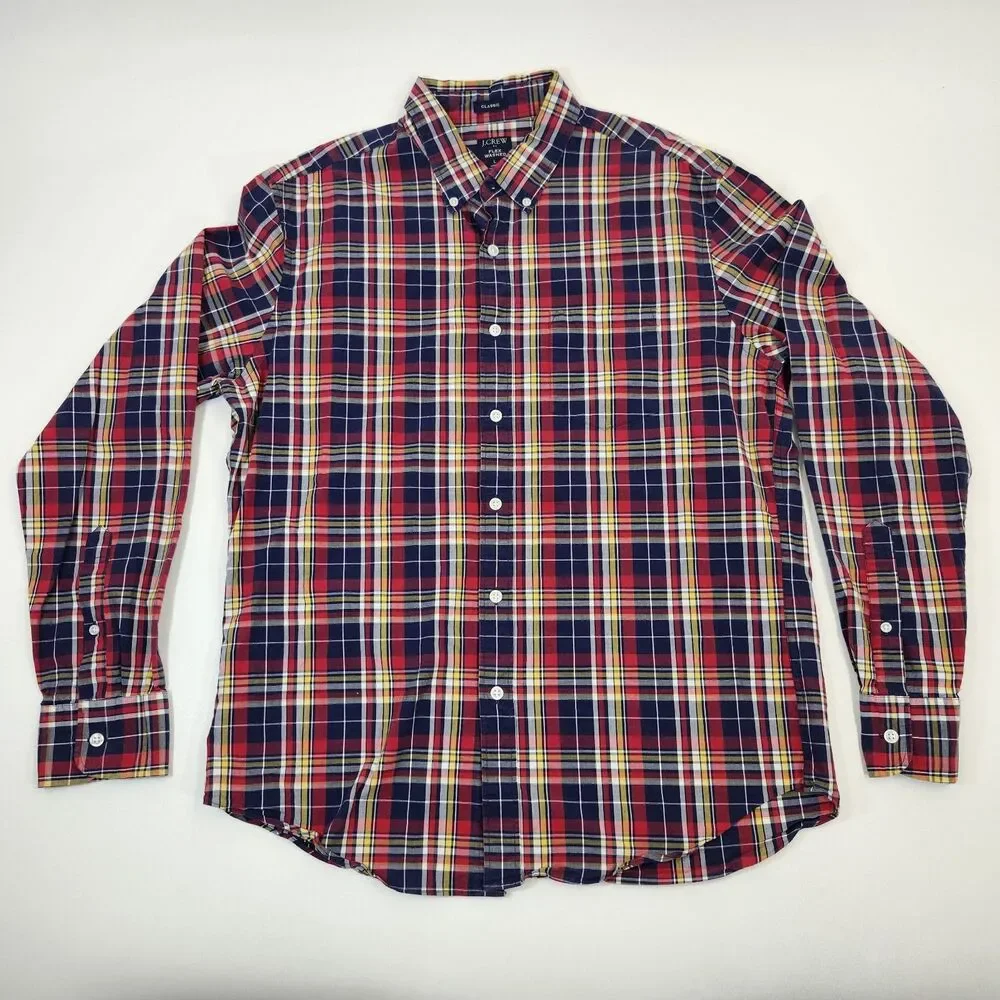 J Crew Mens Large Shirt Button Down Up Classic Flex Washed Plaid Long Sleeve
